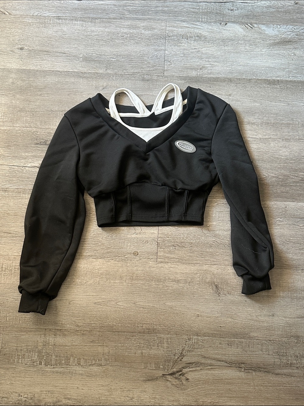 Branded Black Cropped V-Neck Long Sleeve Top with White Strappy Layer
